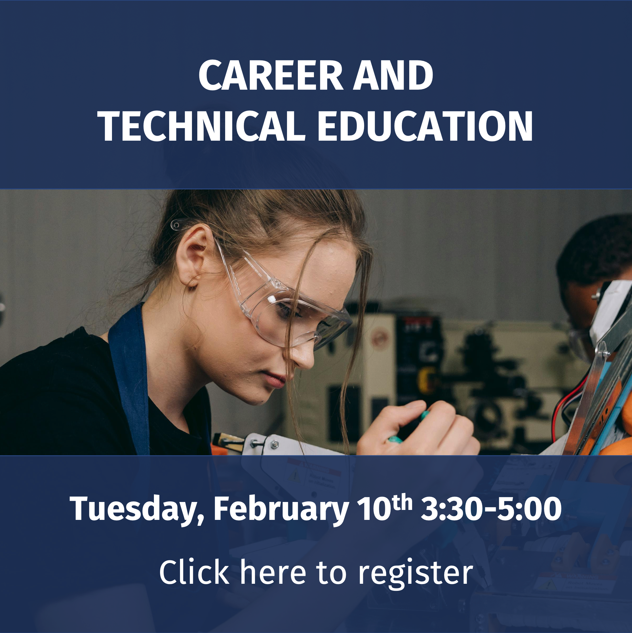 A button asking people to register for a MERC Seminar on Career and Technical Education